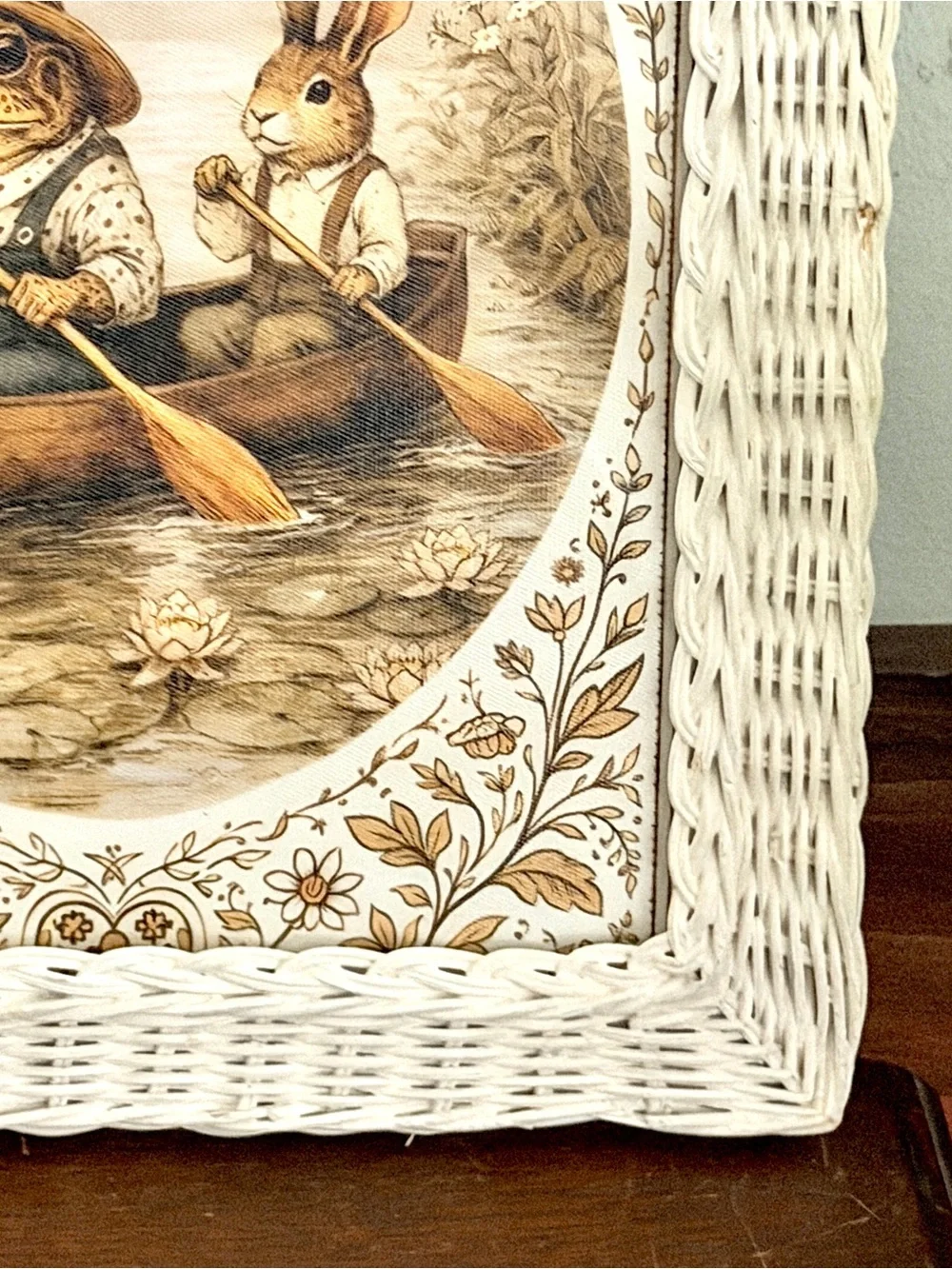 Frog & Bunny Rowing a Canoe Toad Rabbit Canvas Art Print Vintage Rattan Framed